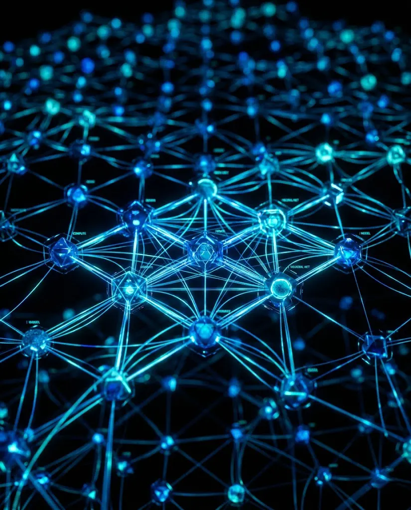 Abstract 3D visualization of agentic AI workflows and automated system architecture built by Autobix AI