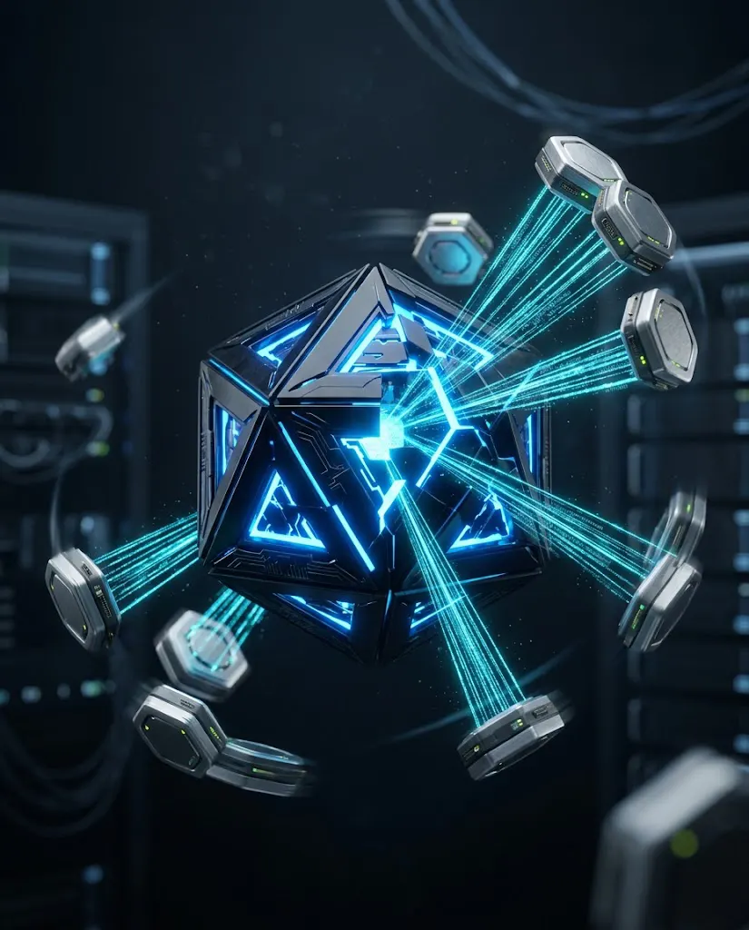 Futuristic glowing geometric core representing intelligent automation and autonomous AI agents developed by Autobix AI