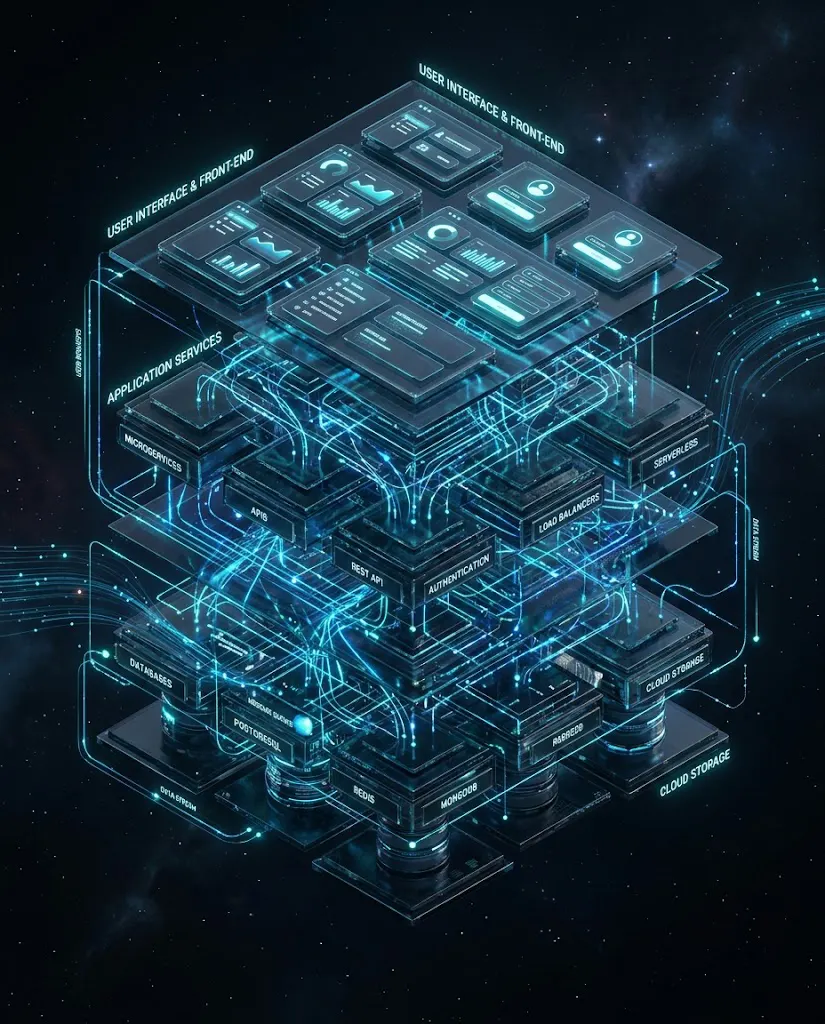 Isometric 3D diagram representing full-stack web architecture, scalable databases, and high-performance digital frontends engineered by Autobix AI