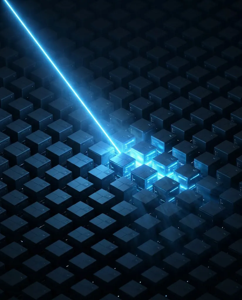 Abstract data grid illuminated by a data stream, representing secure Retrieval-Augmented Generation (RAG) systems and enterprise data retrieval pipelines by Autobix AI