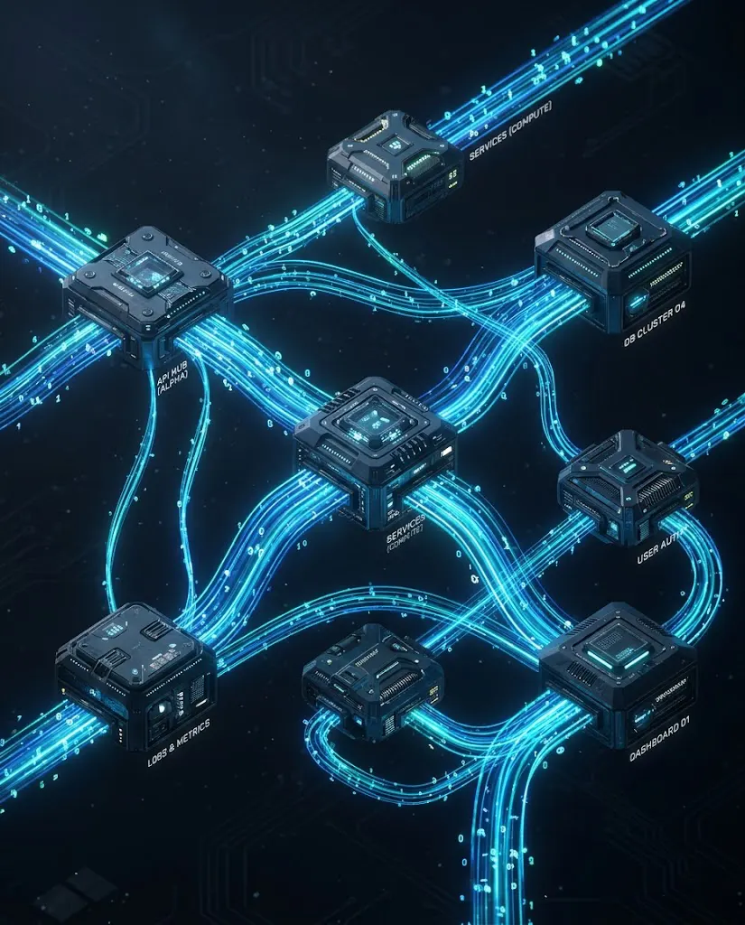 Glowing interconnected network nodes representing custom API bridging, system integration, and workflow automation built by Autobix AI